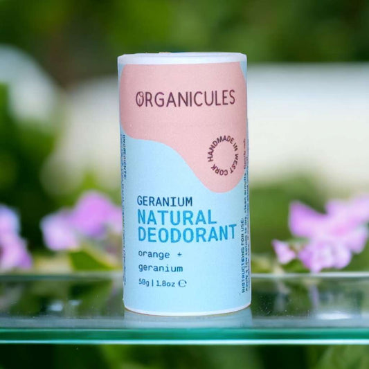 Natural deodorant rose geranium in cardboard tube made by organucles Ireland