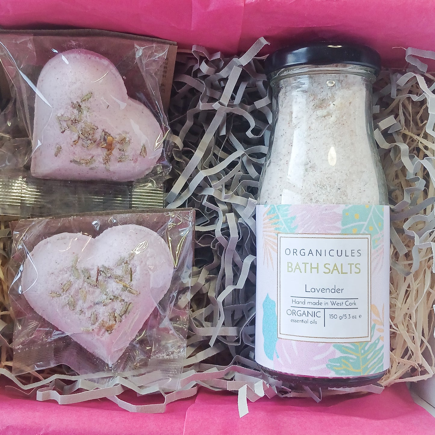 Lavender gift box containg a bottle of lavender bath salts and two lavender bath bombs