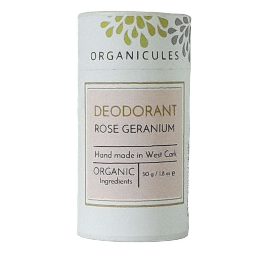 Natural deodorant rose geranium in cardboard tube made by organucles Ireland