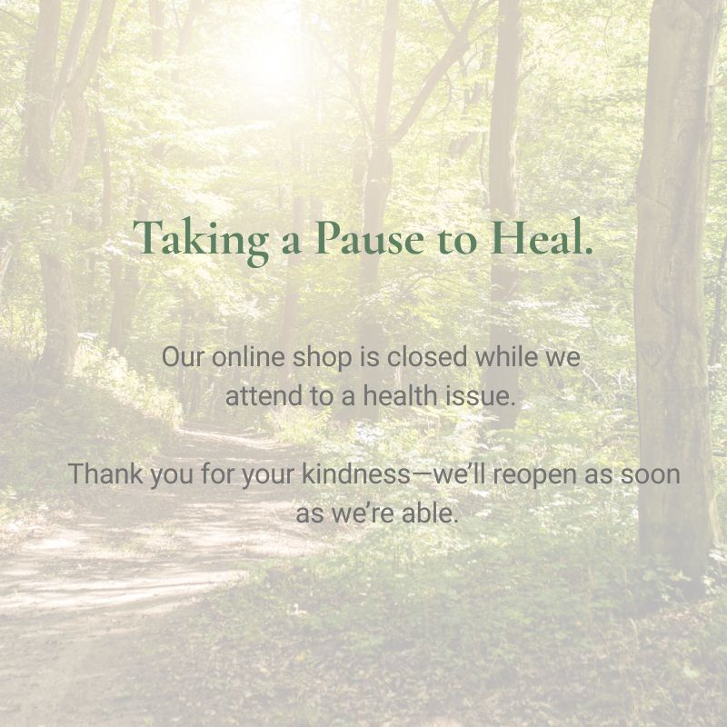 Forest path with text overlay about shop closure and health issue